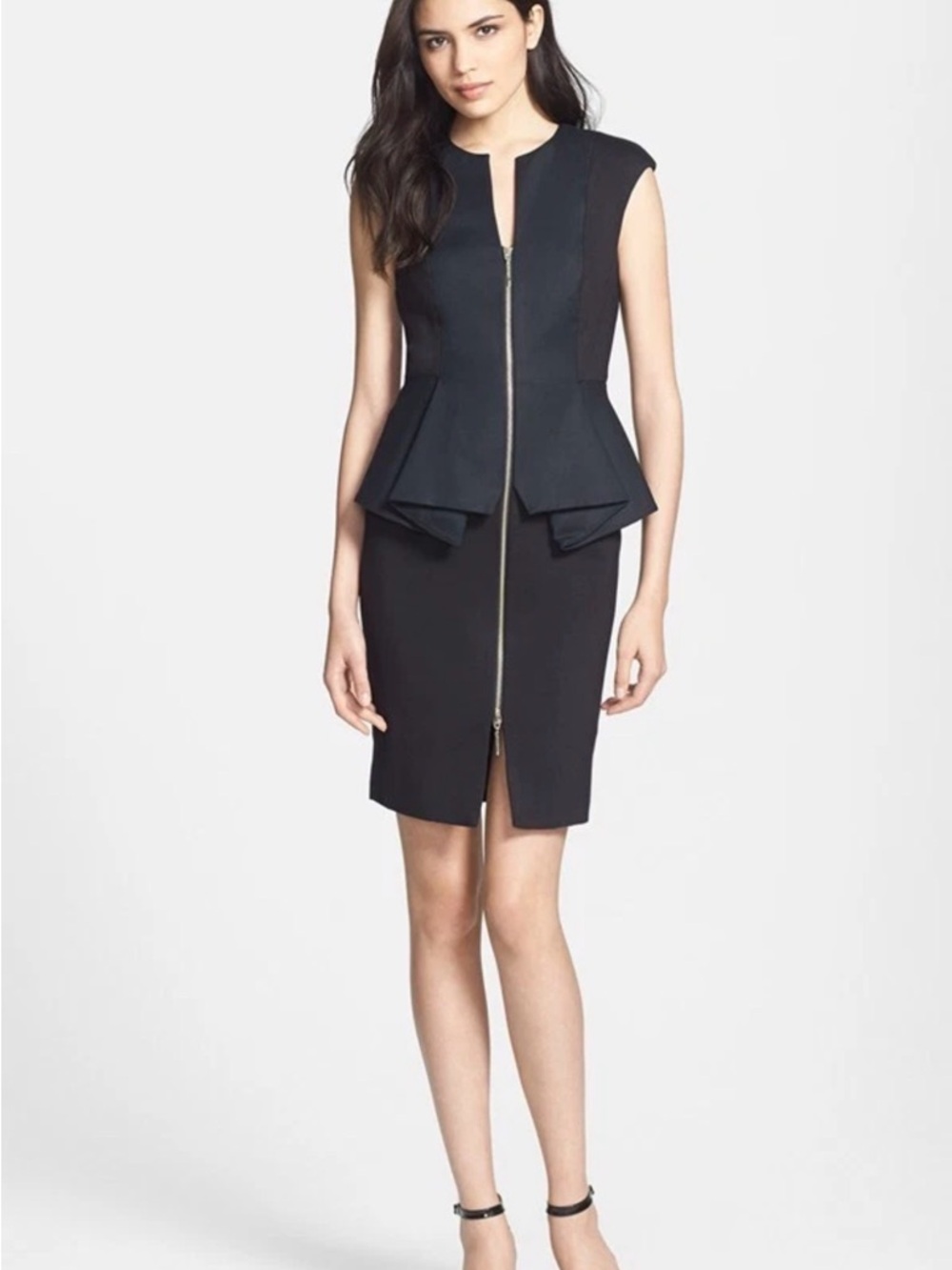 Ted Baker Kwyli Sculptural Peplum Zip Front Midi Dress Black Size 1 / US 4 LBD